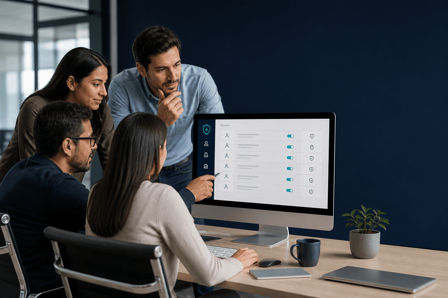 Equipo revisando controles de seguridad y permisos en pantalla