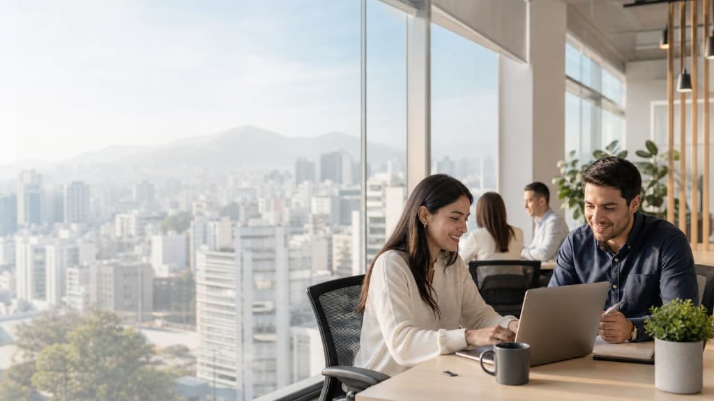 Profesionales colaborando en una oficina moderna con vista a la ciudad